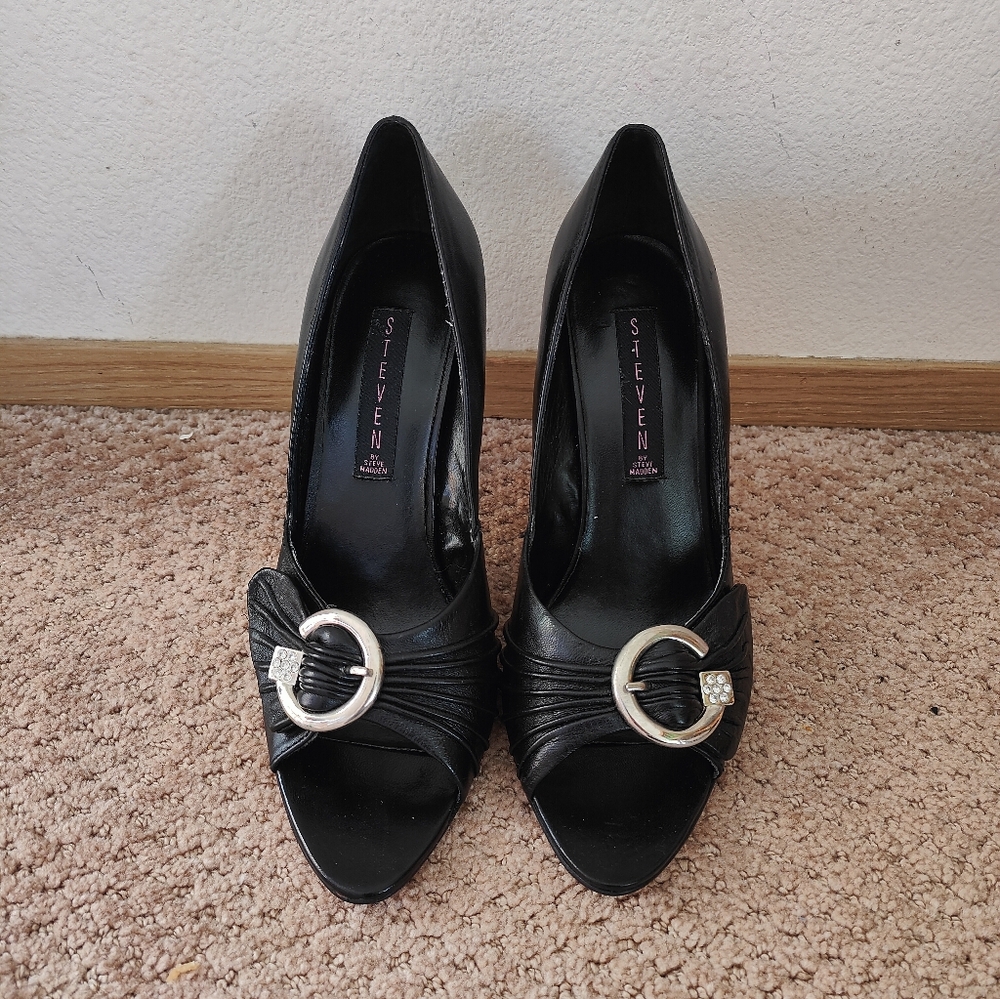 STEVEN by Steve Madden Black Peep-Toe Heels with Silver Buckle